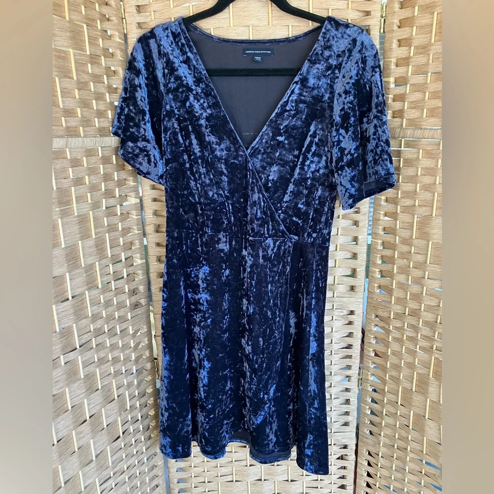 American Eagle Outfitters Crushed Velvet V-Neck Mini Dress - Navy - Picture 1 of 8